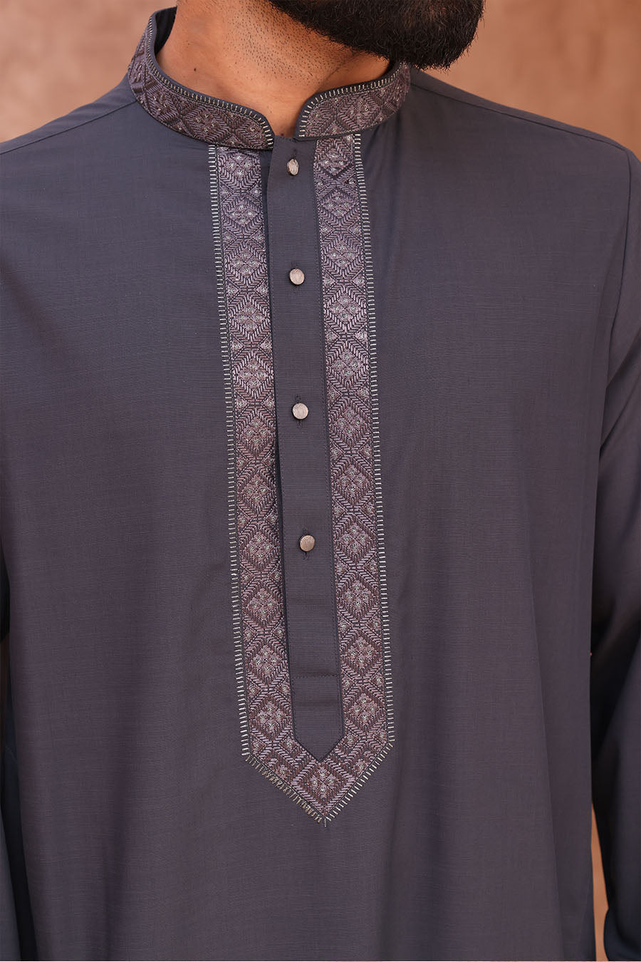 Signature Embroidered Thobe Dark Grey 1022