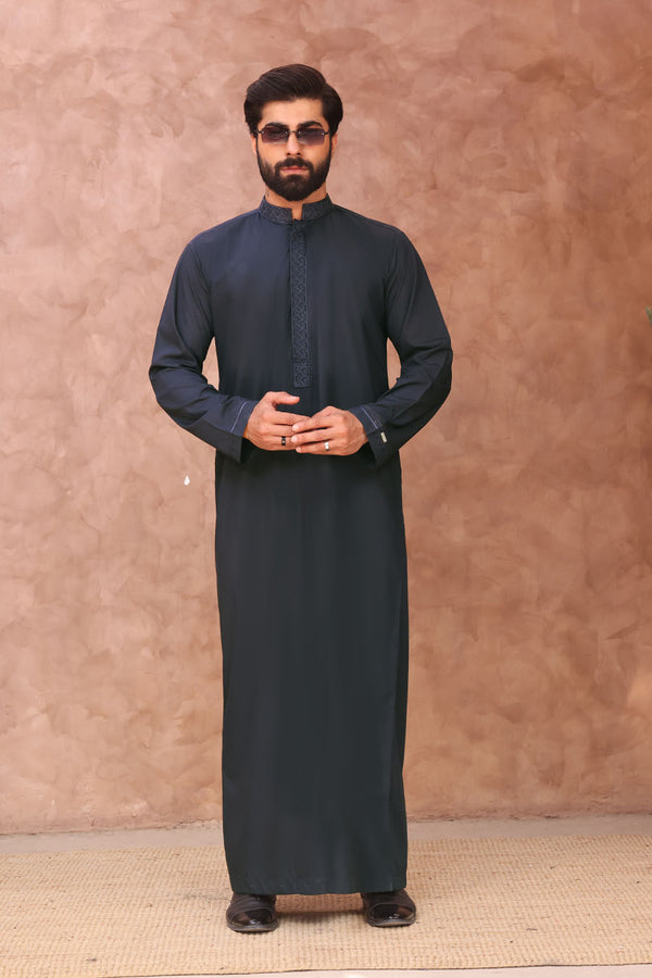 Elegant Collared Thobe Navy Blue 1049
