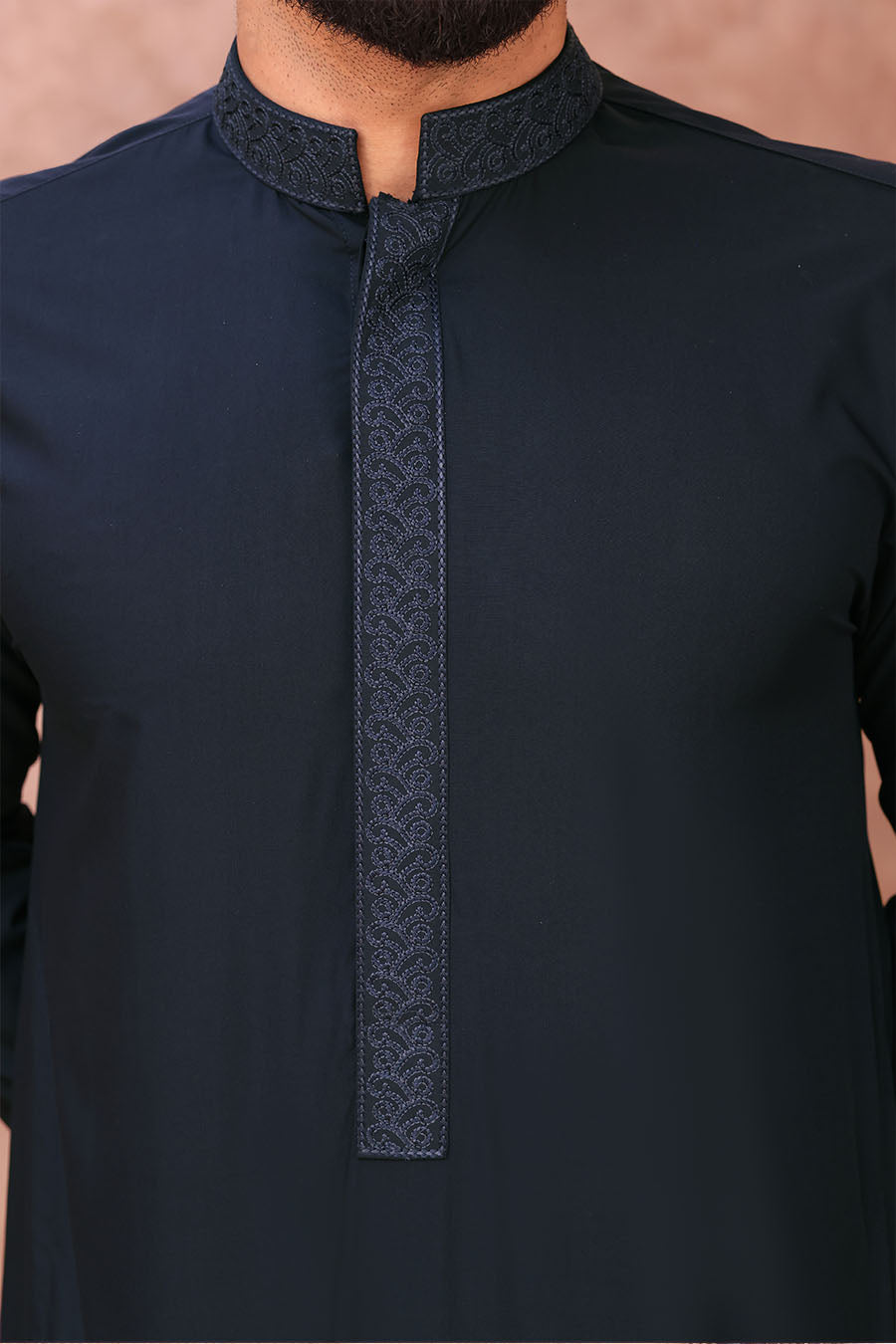 Elegant Collared Thobe Navy Blue 1049