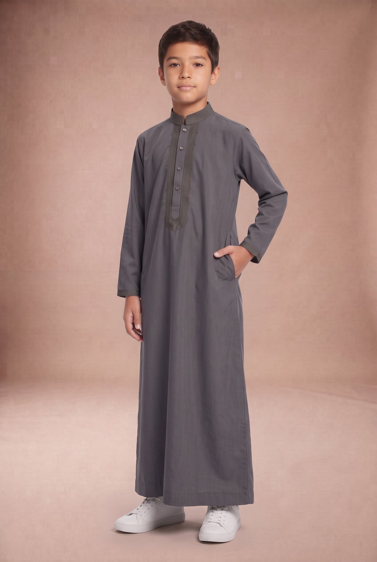Boys Tonal Embroidered Thobe Grey 1192