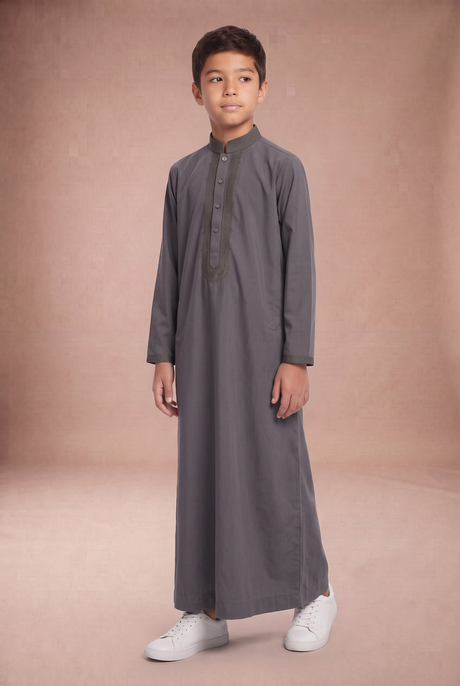 Boys Tonal Embroidered Thobe Grey 1192