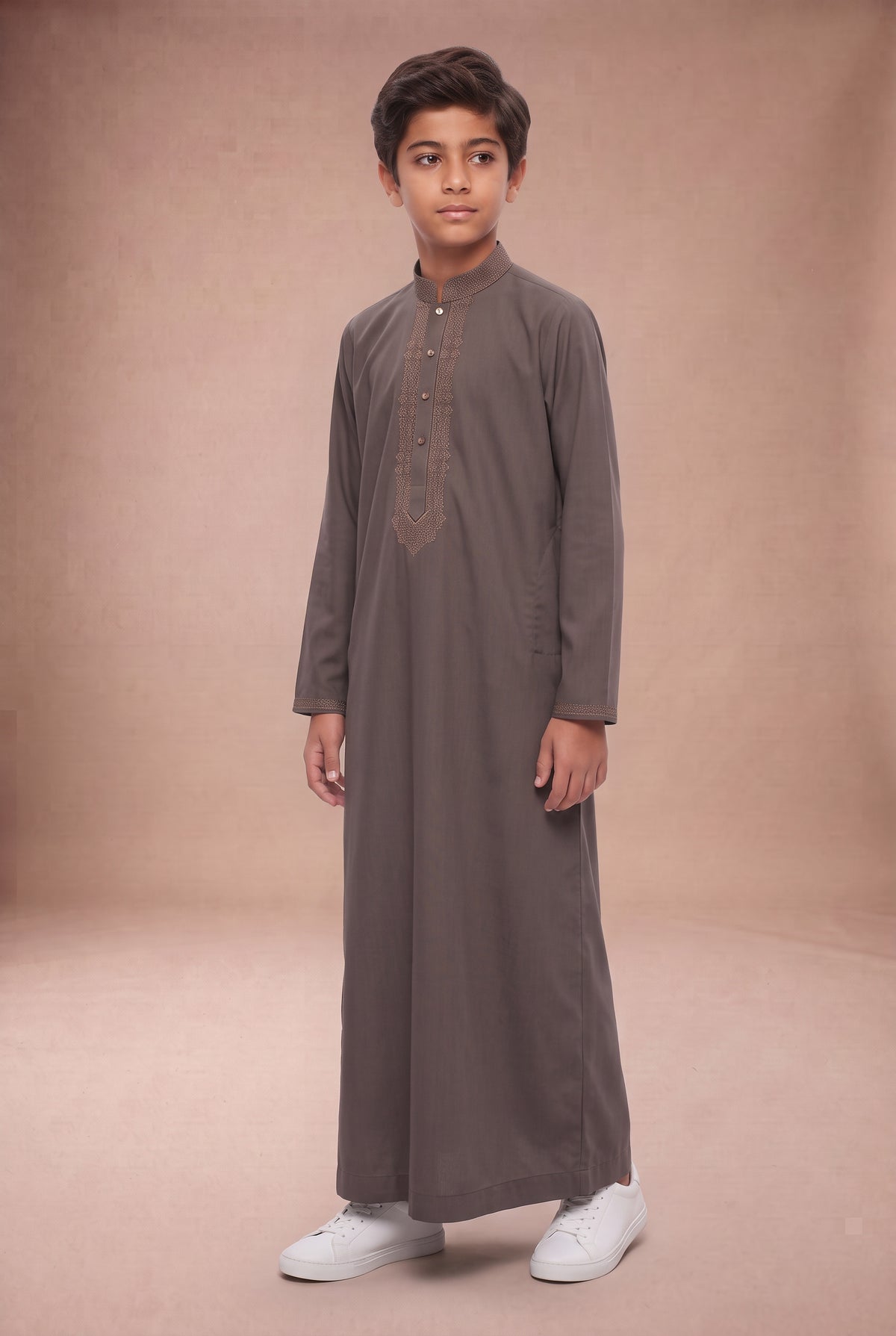 Boys Tonal Embroidered Thobe Light Brown 1192