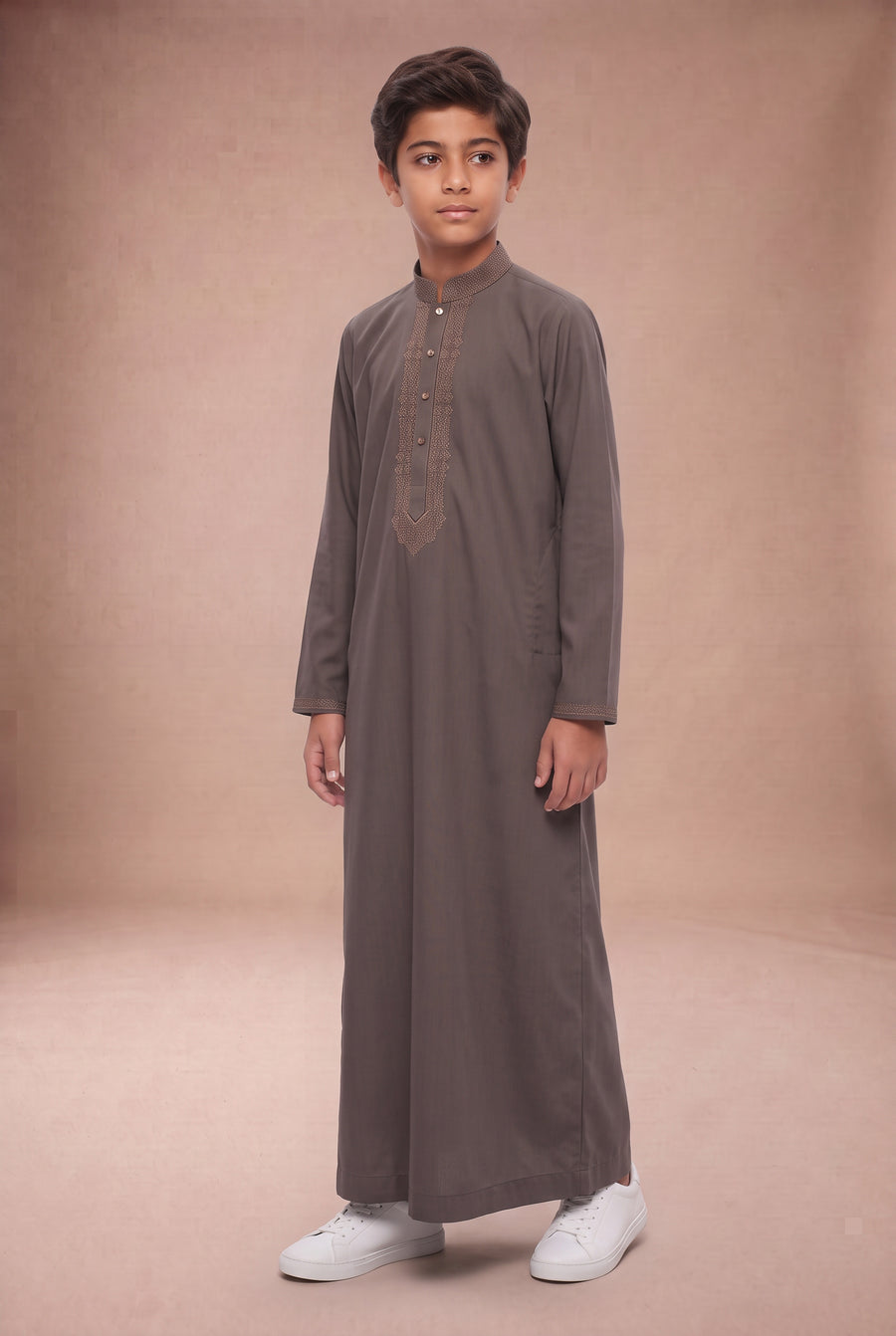 Boys Tonal Embroidered Thobe Light Brown 1192