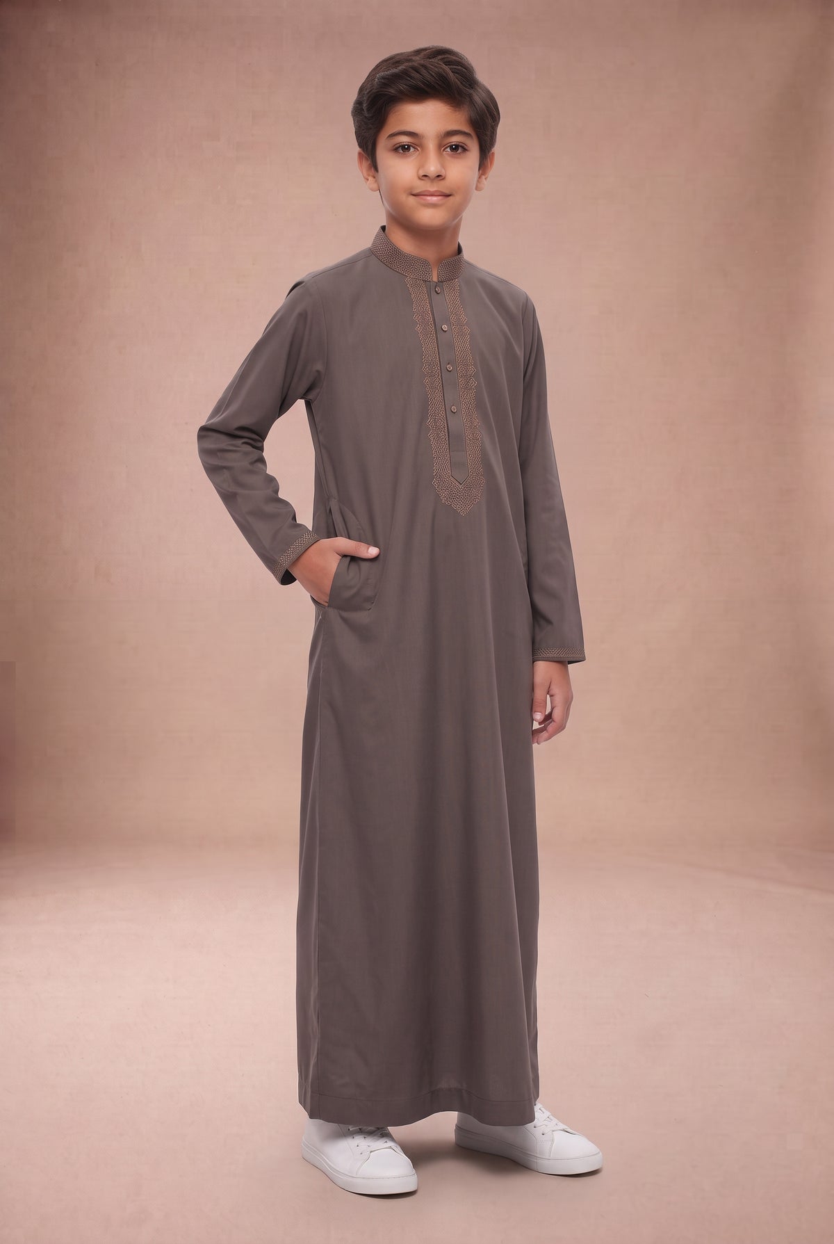 Boys Tonal Embroidered Thobe Light Brown 1192
