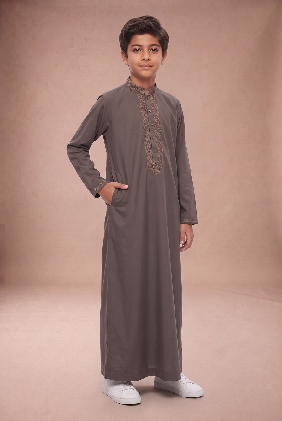 Boys Tonal Embroidered Thobe Light Brown 1192