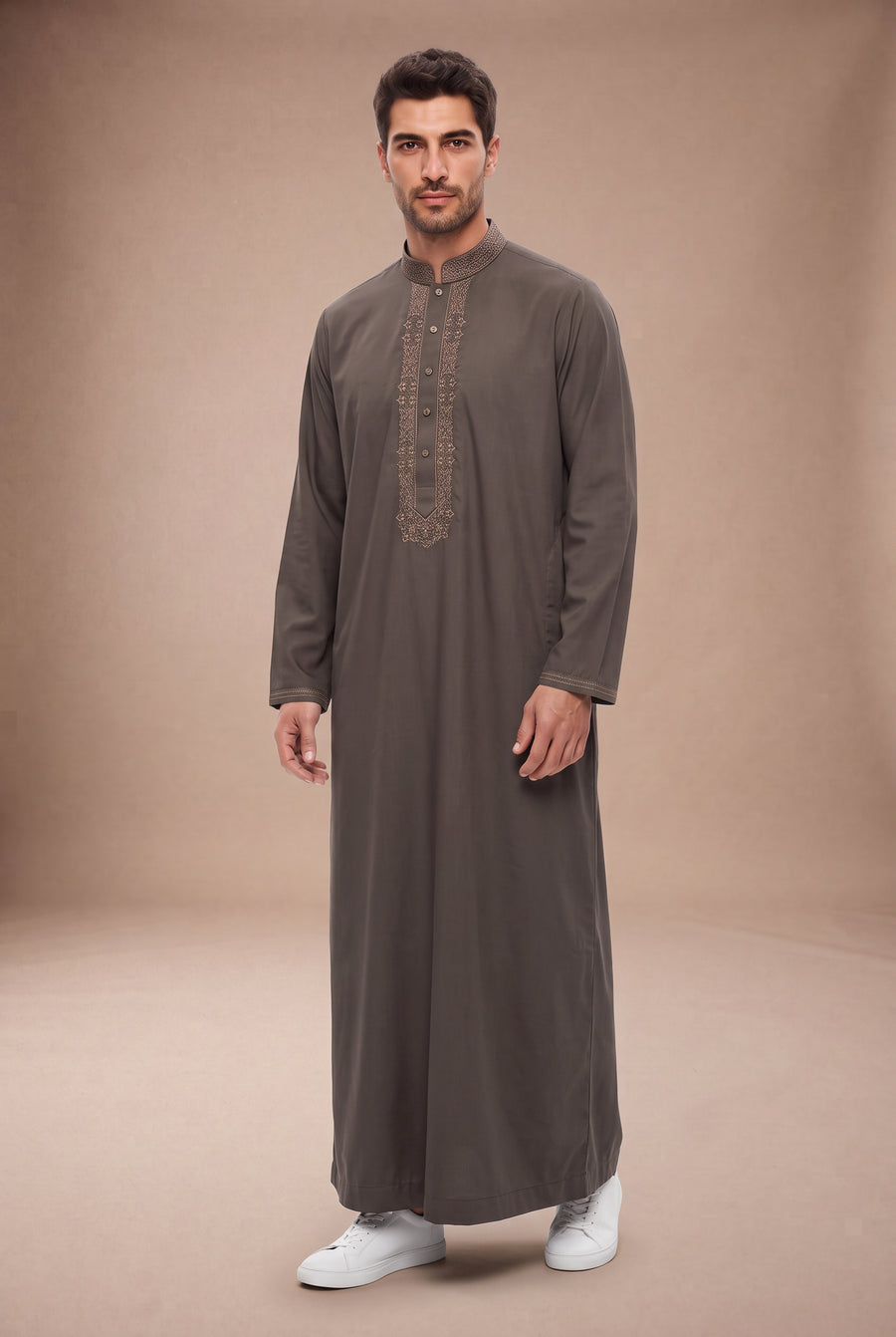 Tonal Embroidered Thobe Light Brown 1193