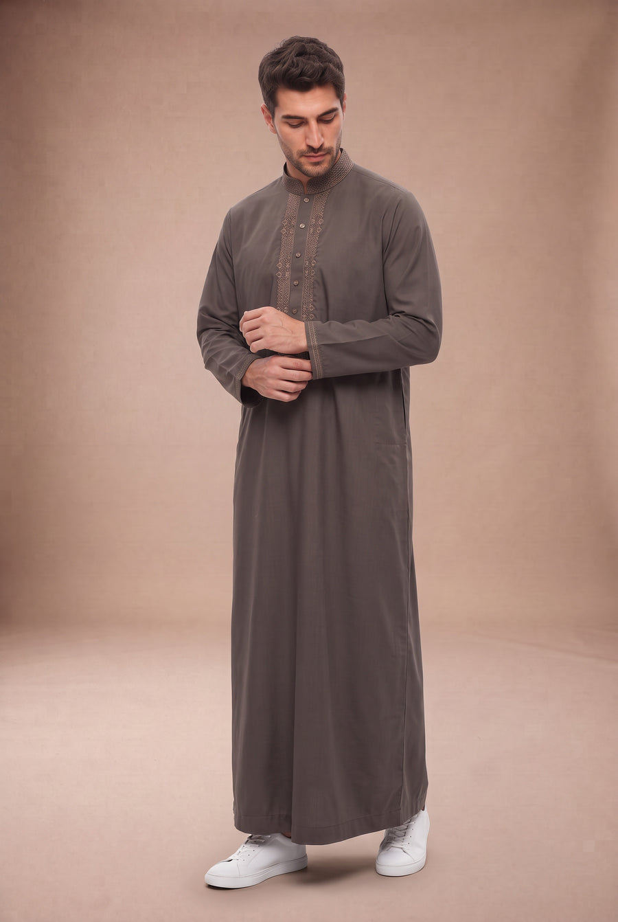 Tonal Embroidered Thobe Light Brown 1193