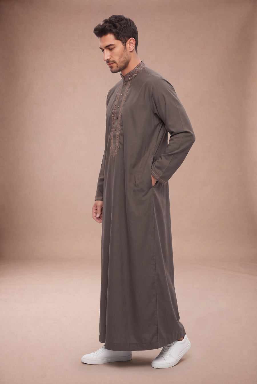 Tonal Embroidered Thobe Light Brown 1193