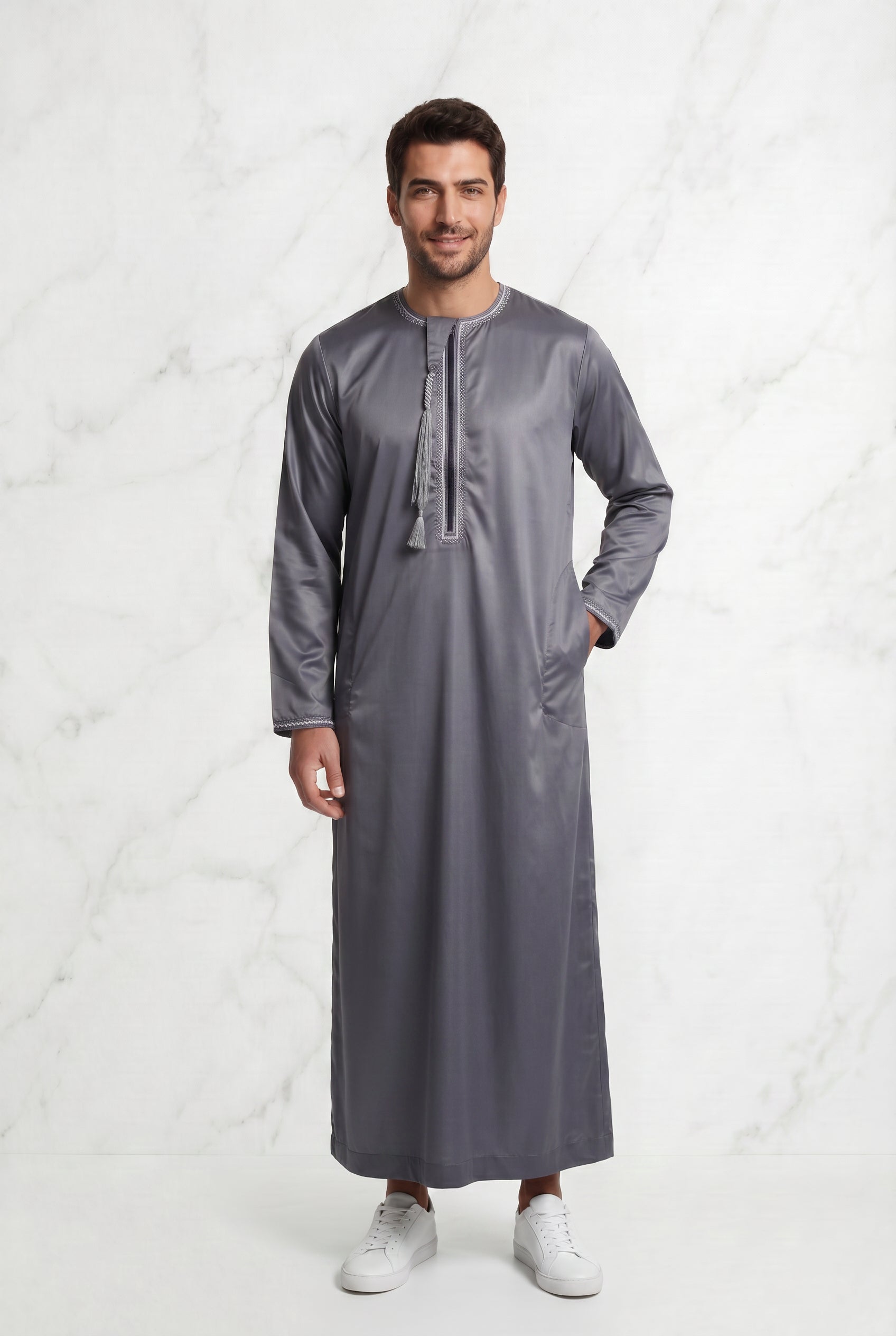 Omani Satin Tasselled Grey Thobe ASM-K40-19