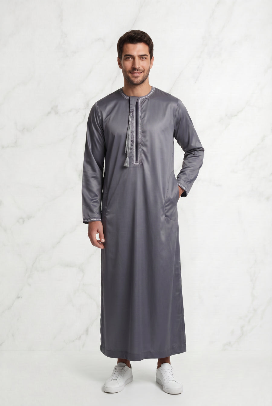 Omani Satin Tasselled Grey Thobe ASM-K40-19