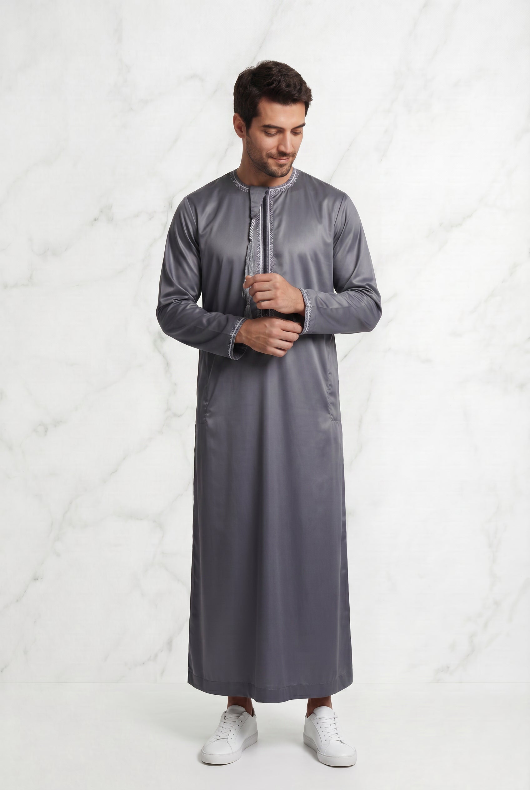Omani Satin Tasselled Grey Thobe ASM-K40-19