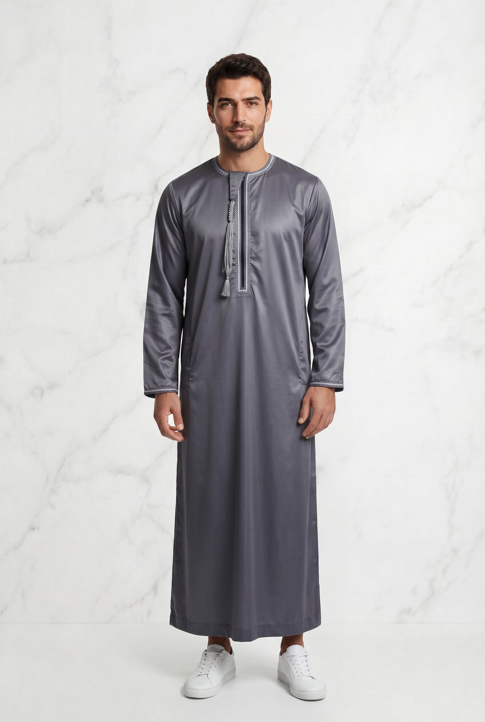 Omani Satin Tasselled Grey Thobe ASM-K40-19