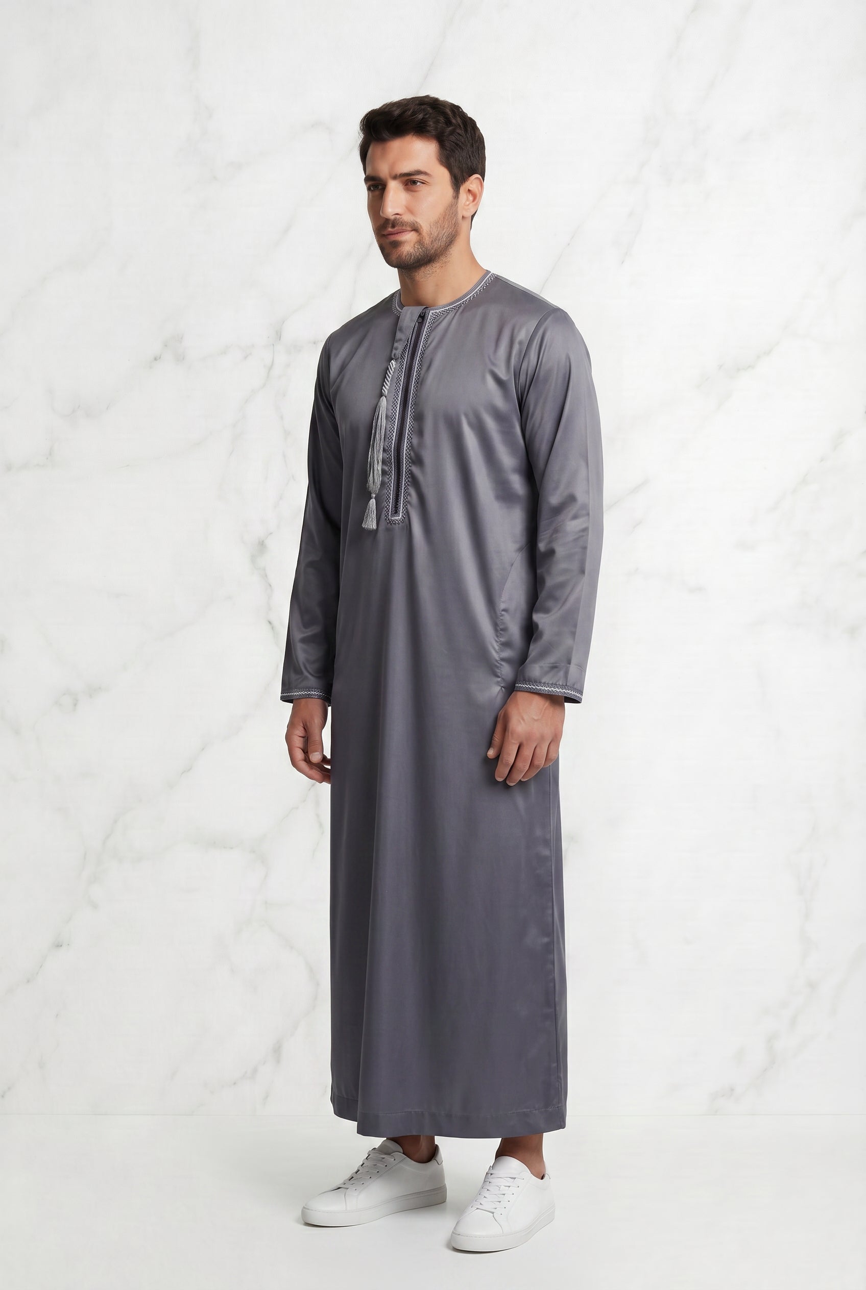 Omani Satin Tasselled Grey Thobe ASM-K40-19