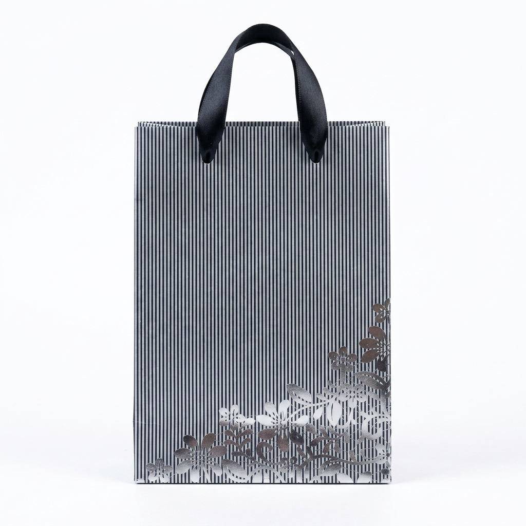 Black & Silver Pinstripe Floral Gift Bag