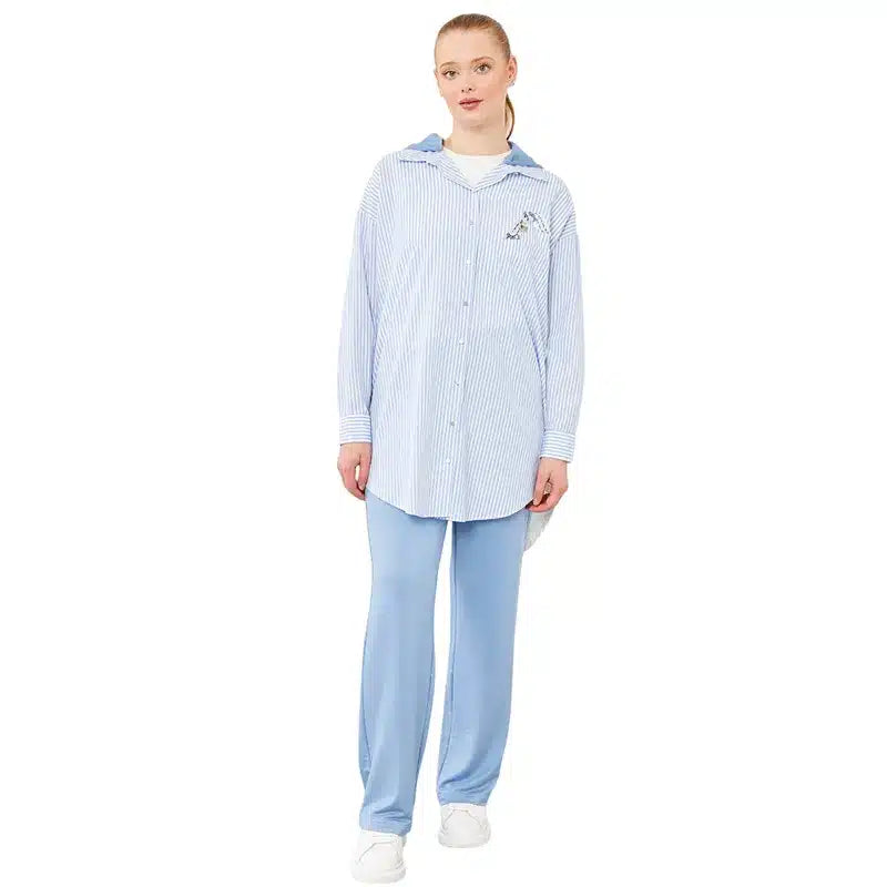 Women Blue & White Hooded Co Ord Set