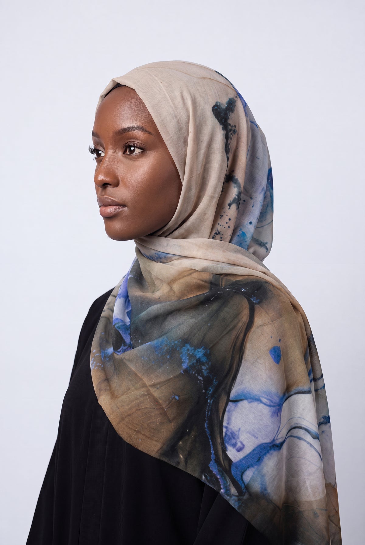 Watercolour Modal Hijab Beige & Cobalt Blue