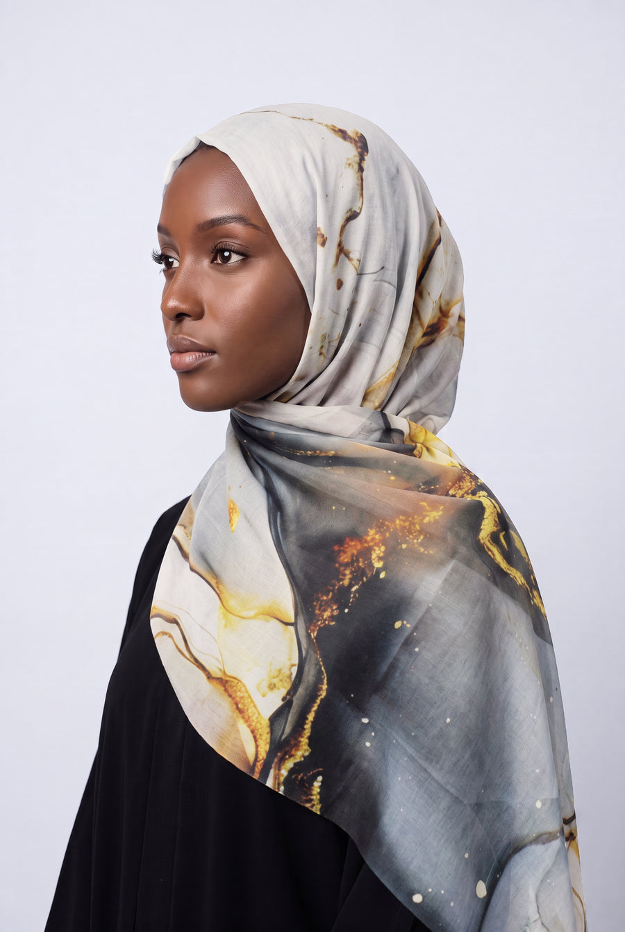 Watercolour Modal Hijab Charcoal & Gold