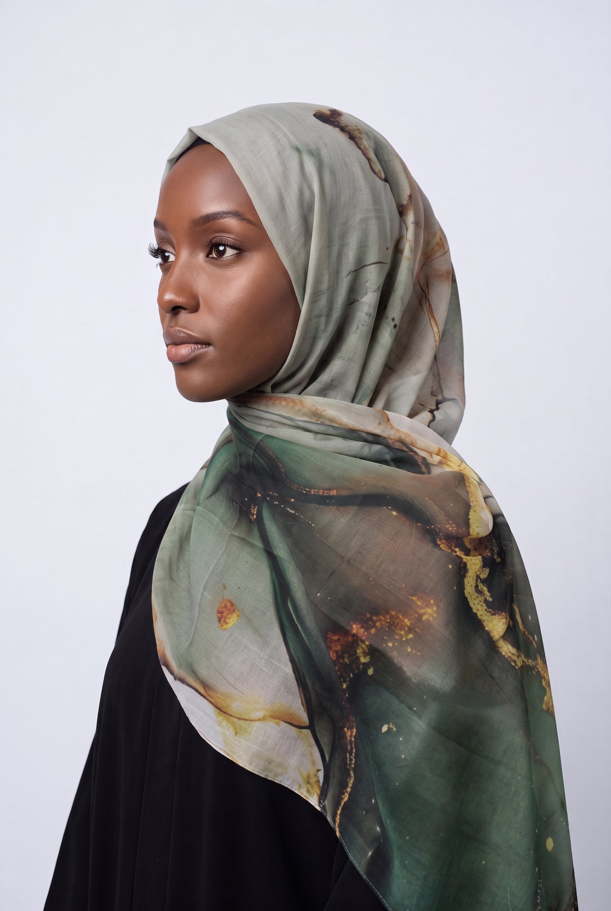 Watercolour Modal Hijab Forest Green & Gold
