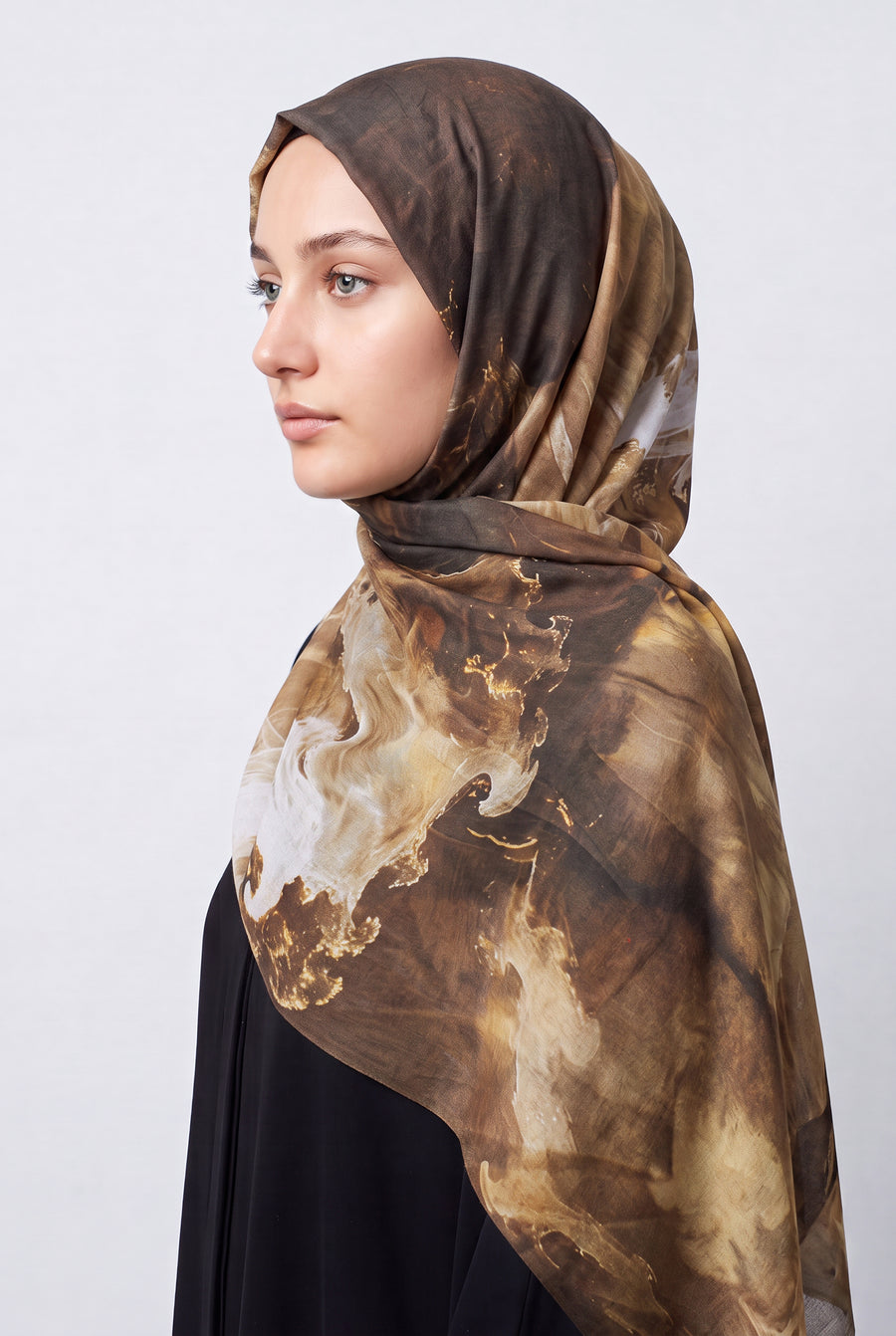 Watercolour Modal Hijab Brown & Gold