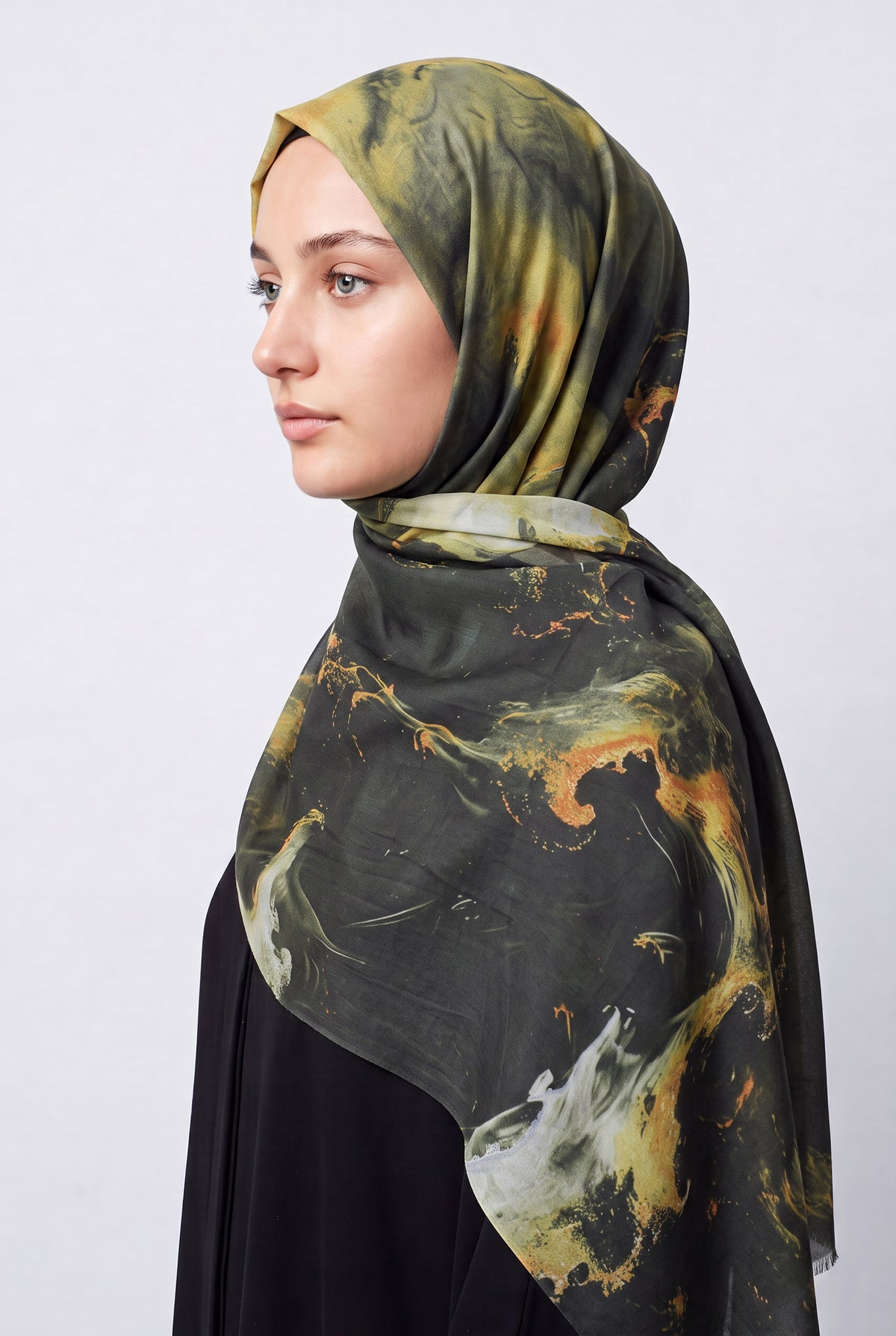 Watercolour Modal Hijab Mustard & Charcoal