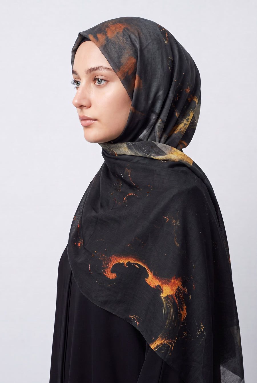 Watercolour Modal Hijab Black & Orange