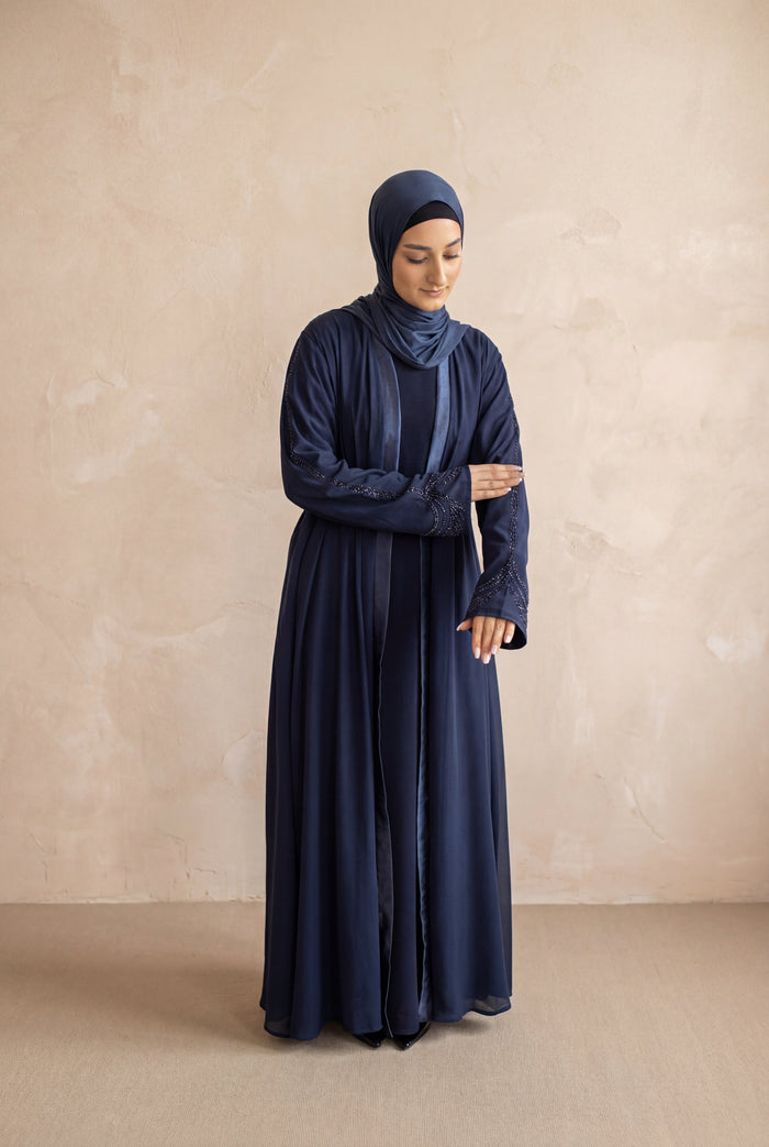 Satin Trim Elegancy Abaya 6102 Navy