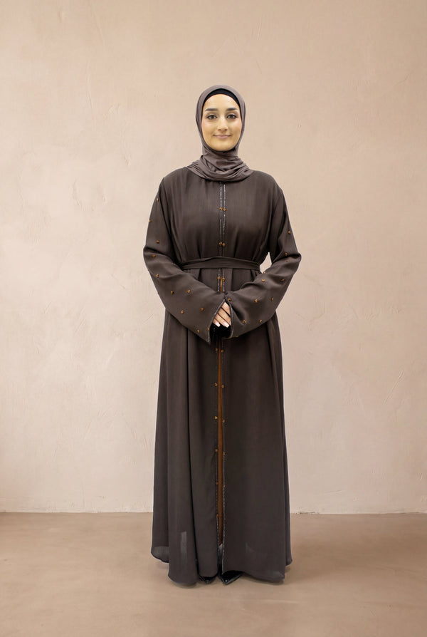 Satin Scattered Beaded Kimono 6076 Chocolate