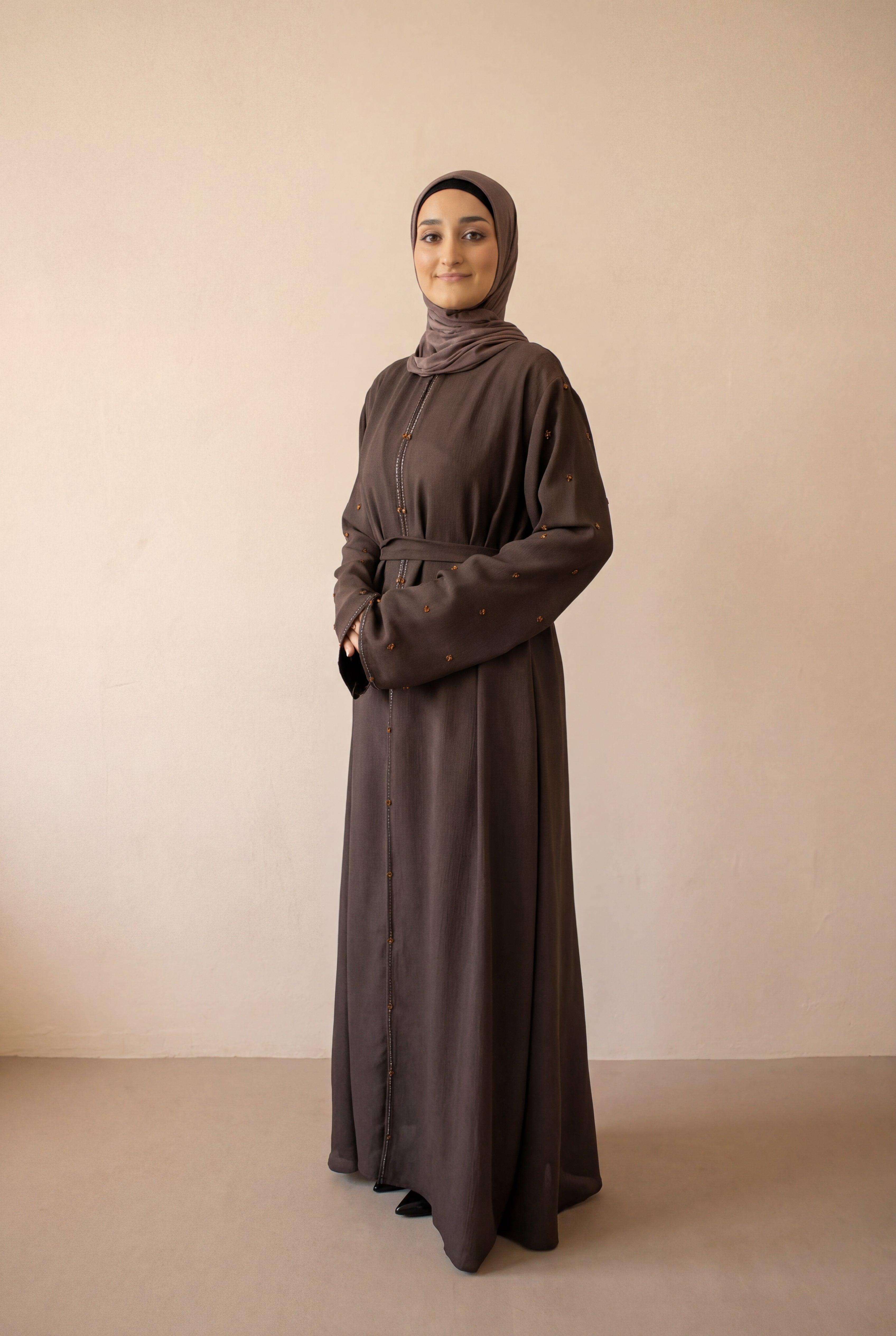 Satin Scattered Beaded Kimono 6076 Chocolate