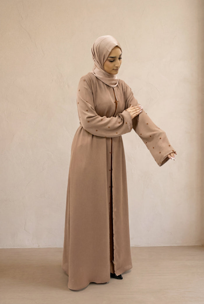 Satin Scattered Beaded Kimono 6076 Mocha