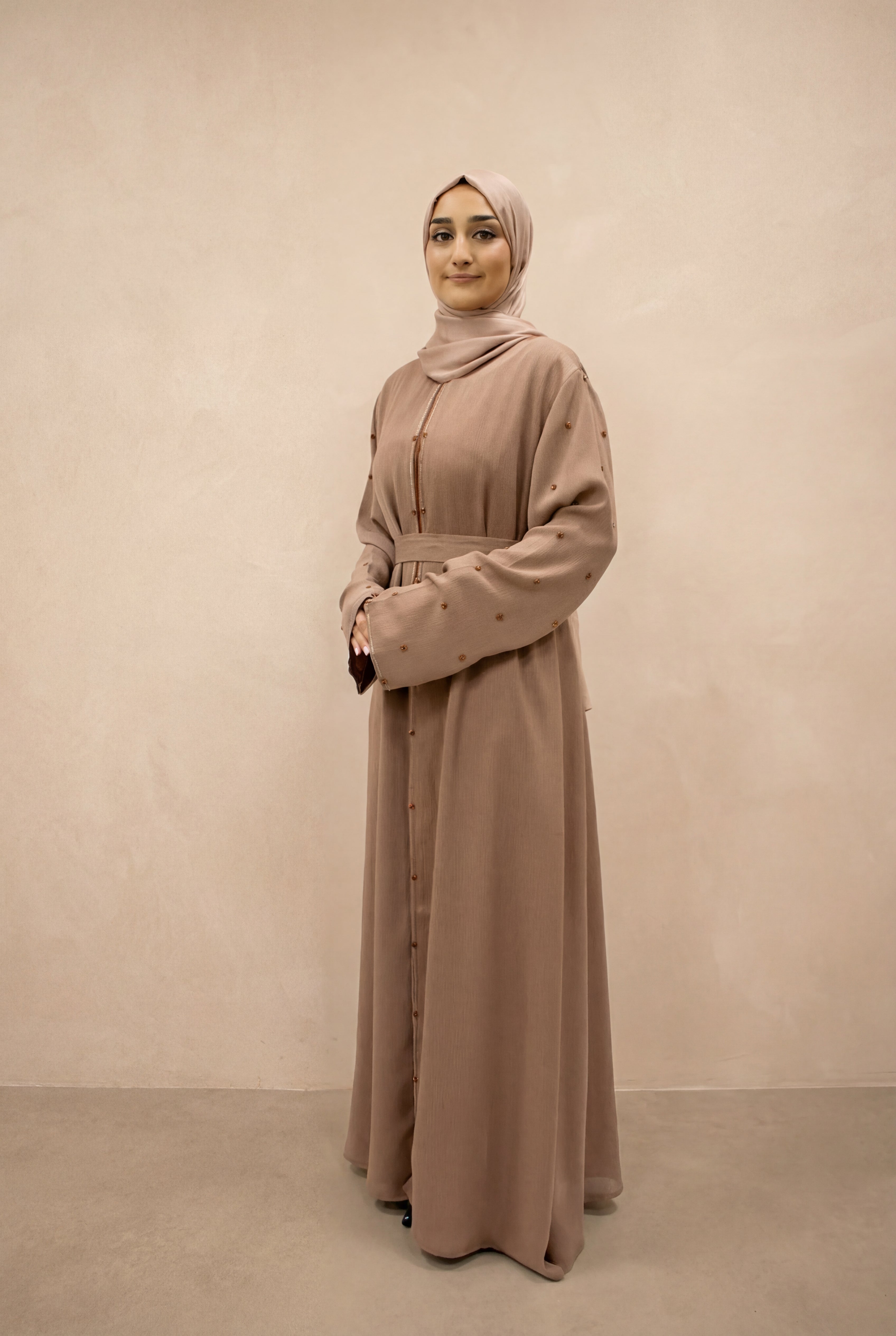 Satin Scattered Beaded Kimono 6076 Mocha