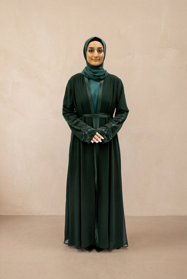 Satin Trim Elegancy Abaya 6102 Bottle Green
