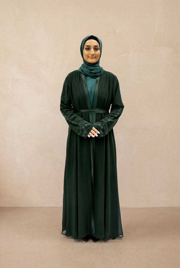 Satin Trim Elegancy Abaya 6102 Bottle Green