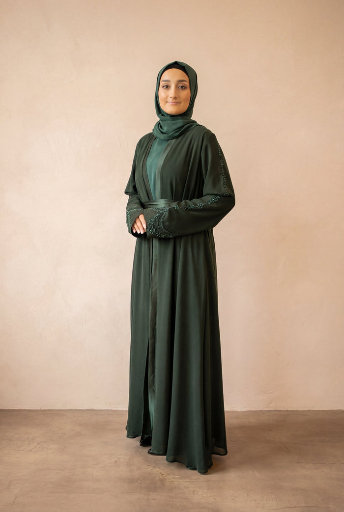Satin Trim Elegancy Abaya 6102 Bottle Green