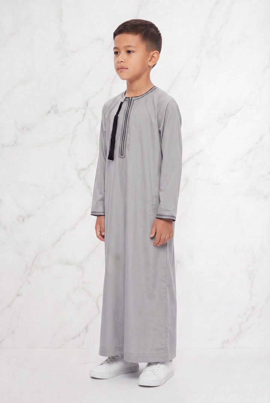 Boys Omani Tasselled Thobe Stone Grey 104 Col 01