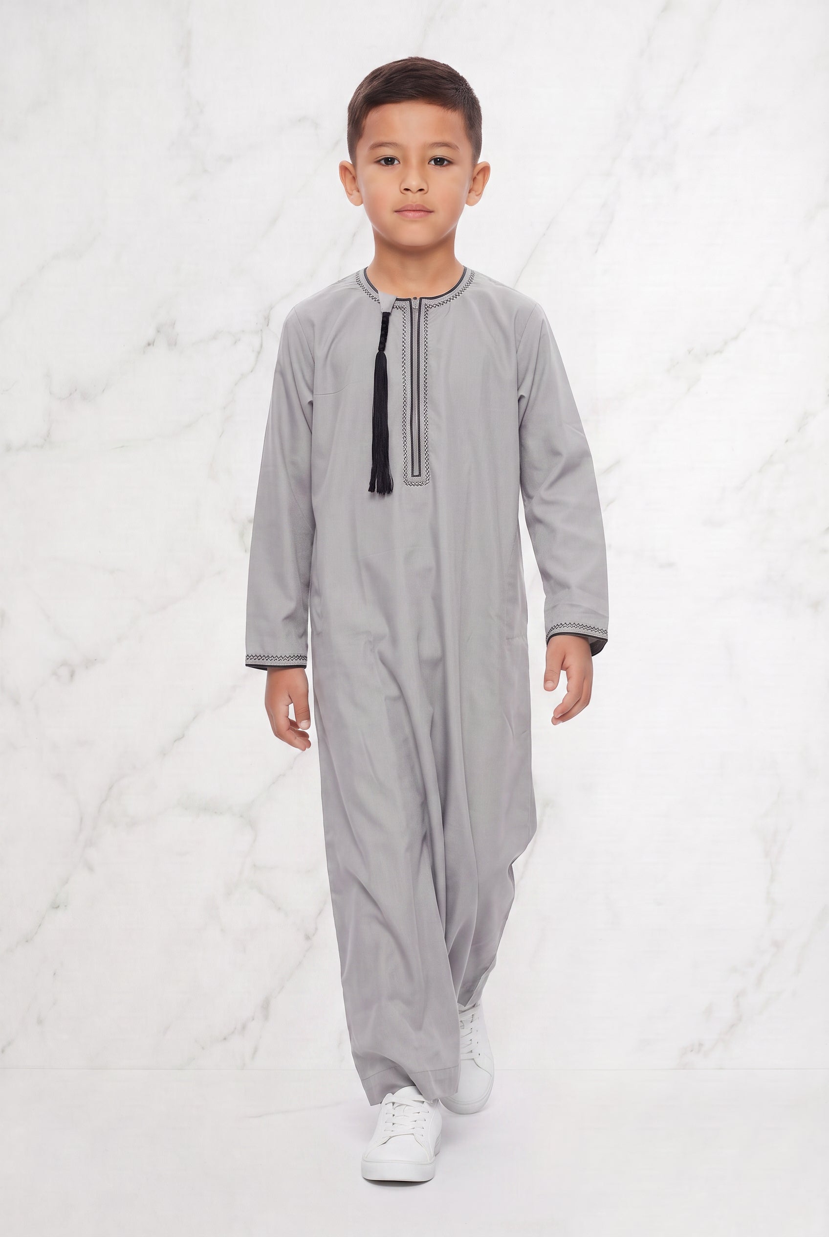 Boys Omani Tasselled Thobe Stone Grey 104 Col 01