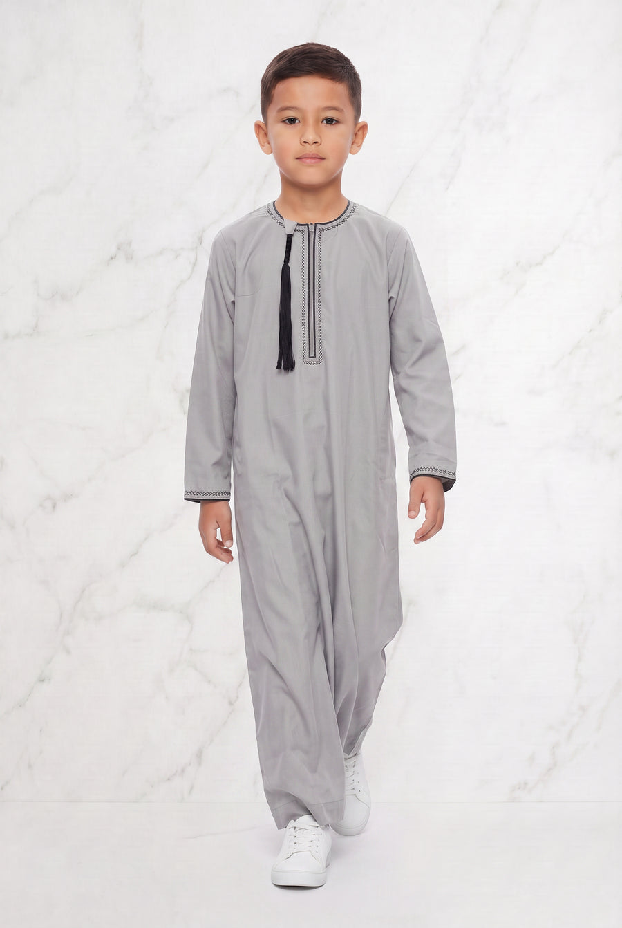 Boys Omani Tasselled Thobe Stone Grey 104 Col 01