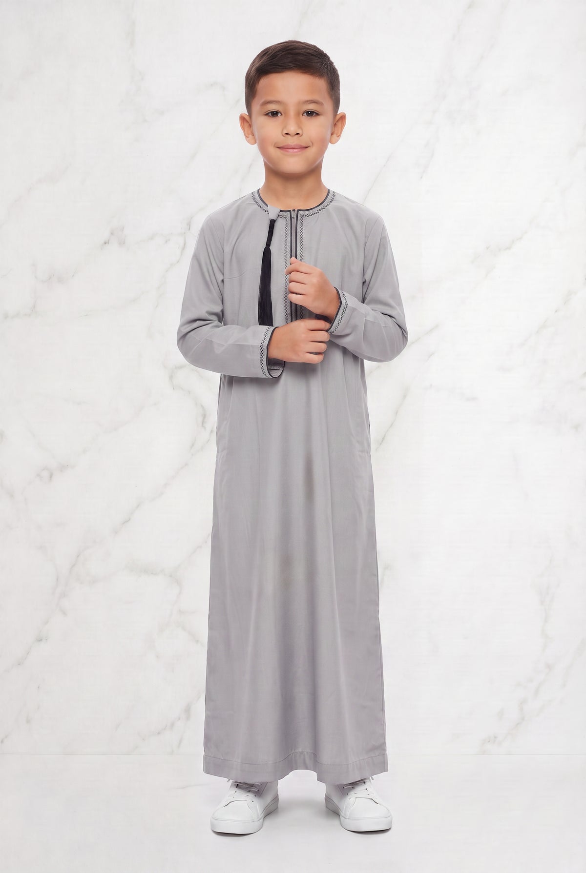 Boys Omani Tasselled Thobe Stone Grey 104 Col 01