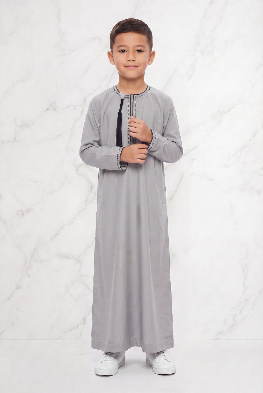 Boys Omani Tasselled Thobe Stone Grey 104 Col 01