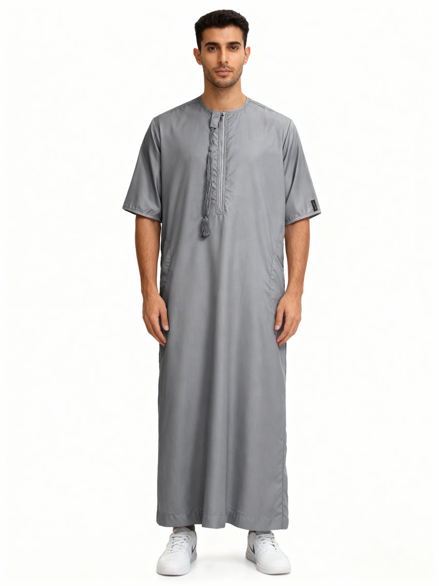 Omani Tasselled Short Sleeve Thobe Grey 103 Col 04