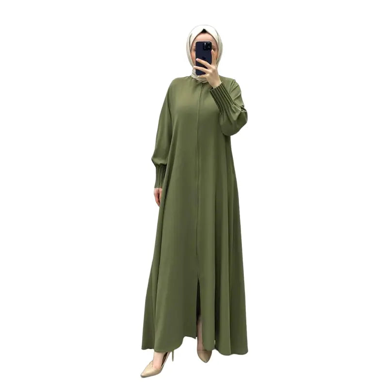 Layered Cuff Zip Green Abaya Dress