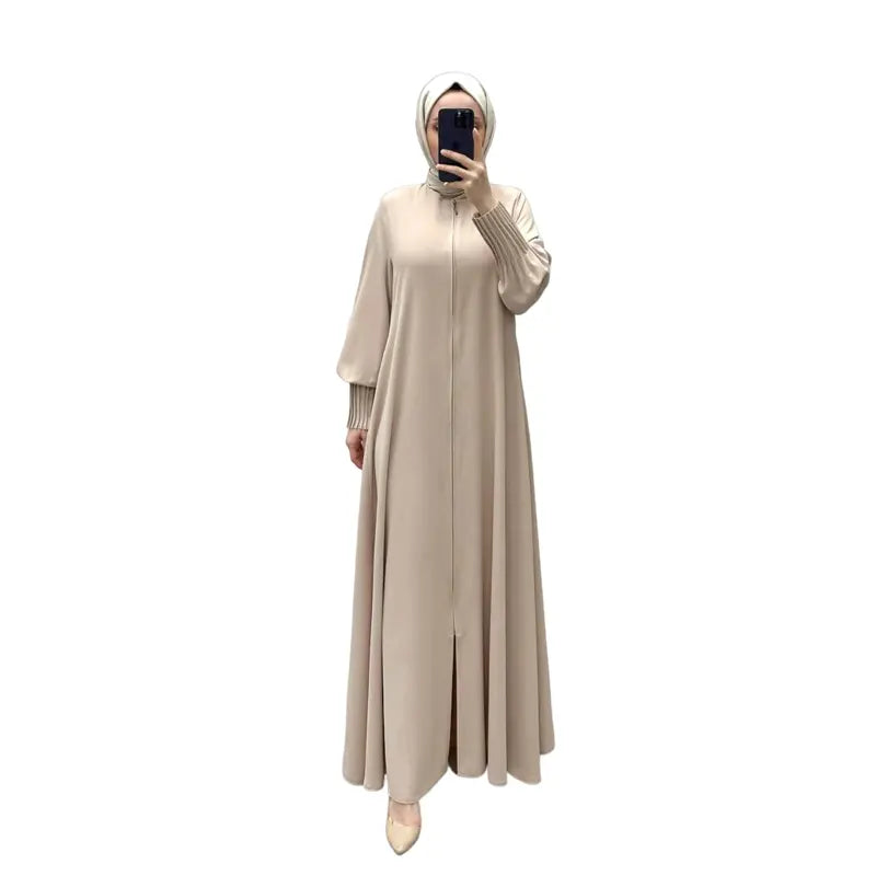 Layered Cuff Zip Cream Abaya Dress