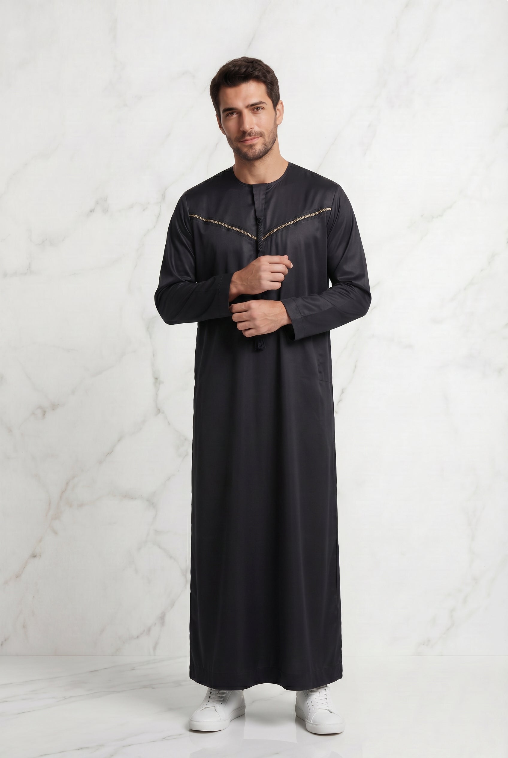Omani Satin Tasselled Black Designer Thobe