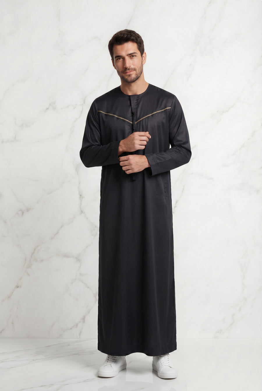 Omani Satin Tasselled Black Designer Thobe