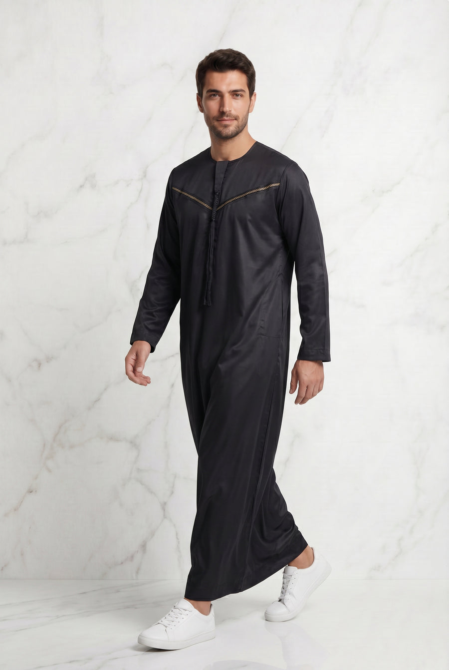 Omani Satin Tasselled Black Designer Thobe