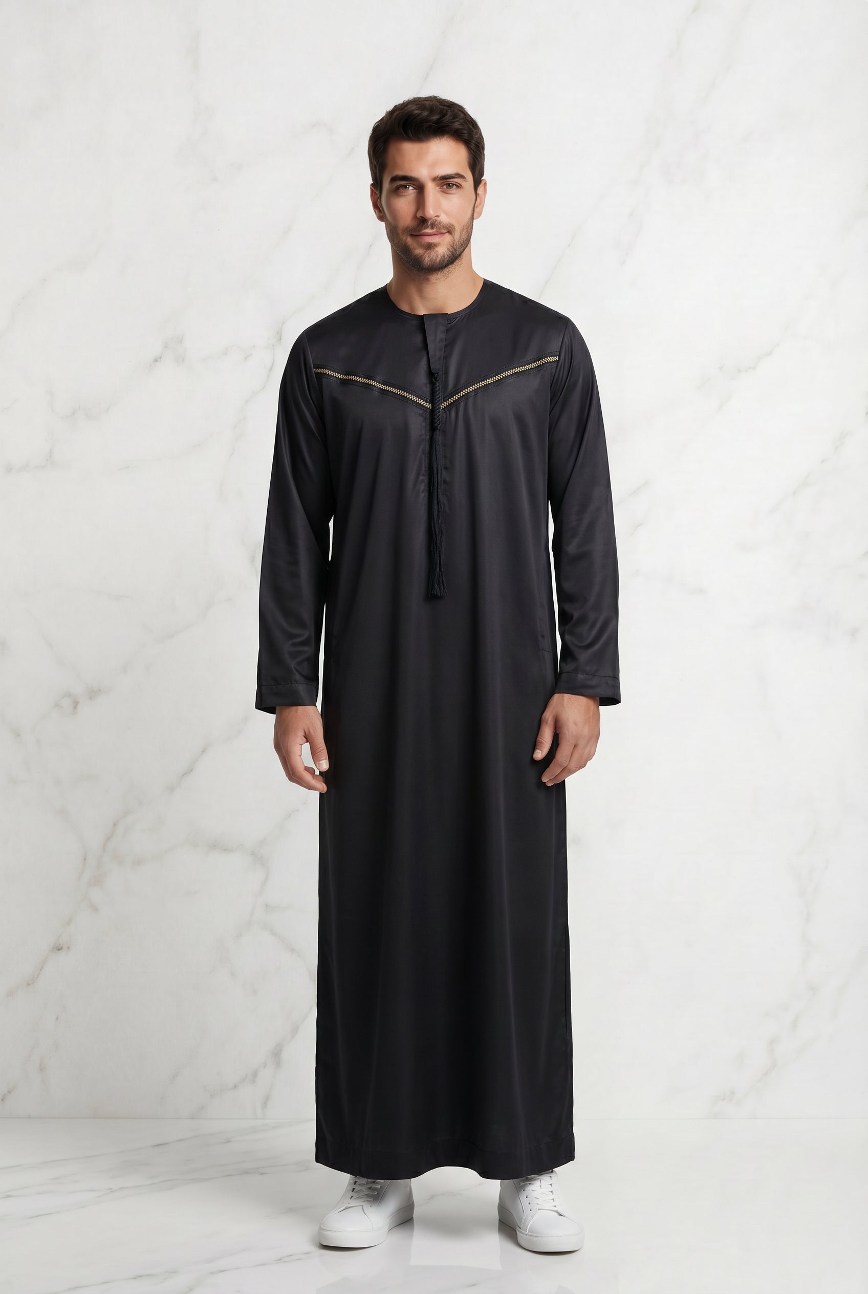 Omani Satin Tasselled Black Designer Thobe