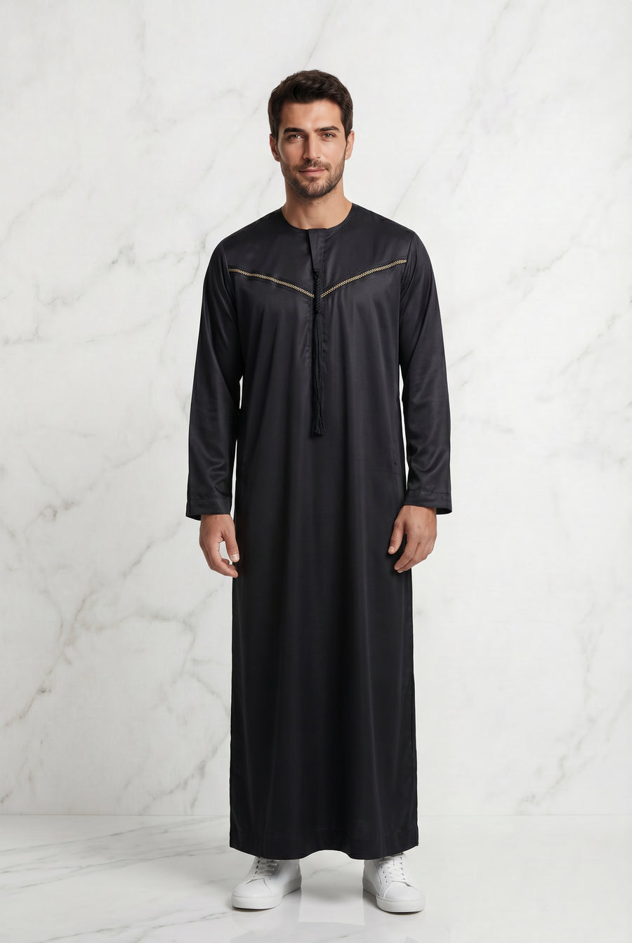 Omani Satin Tasselled Black Designer Thobe