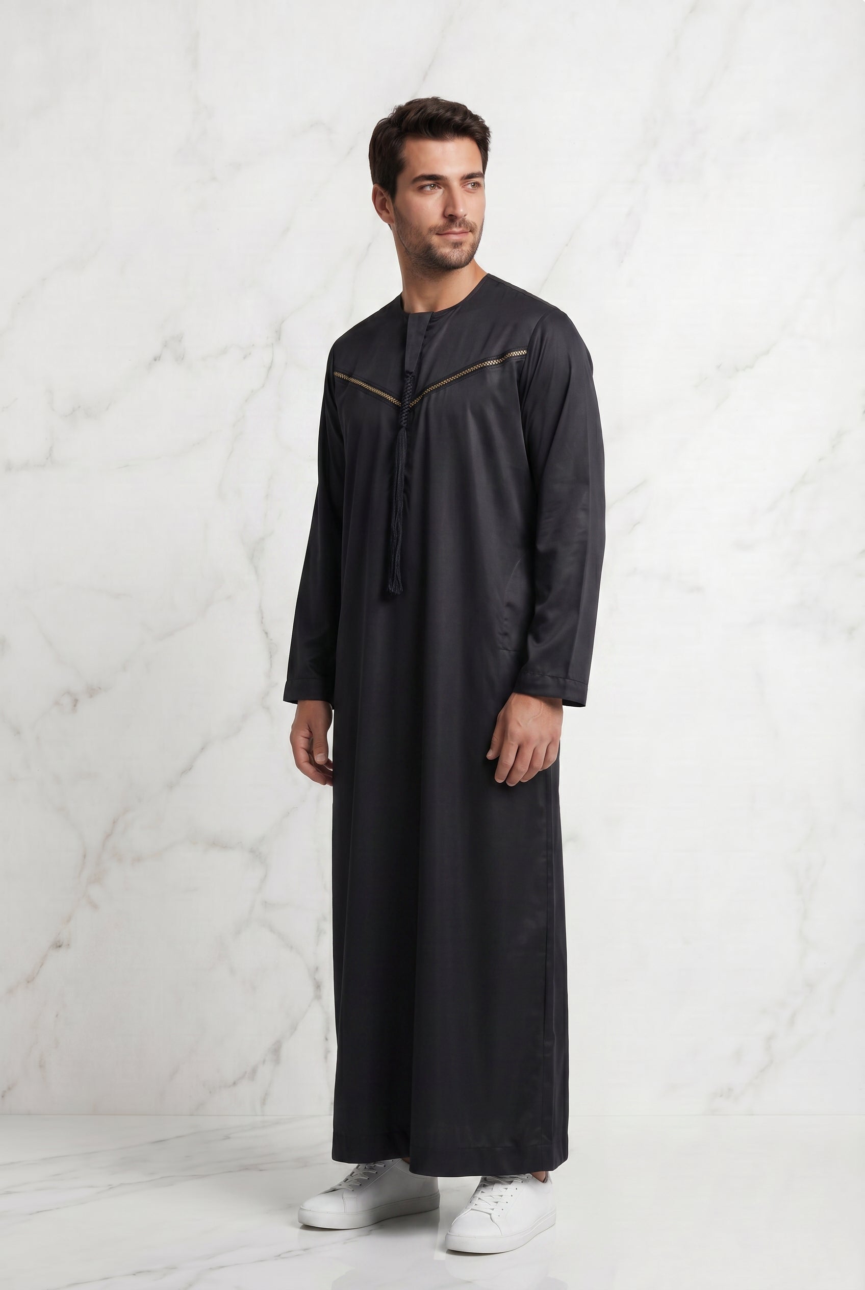 Omani Satin Tasselled Black Designer Thobe