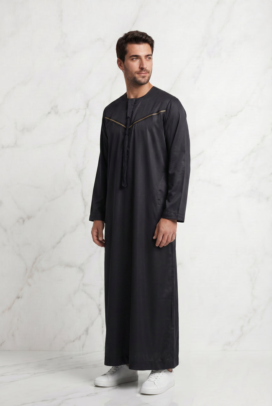 Omani Satin Tasselled Black Designer Thobe