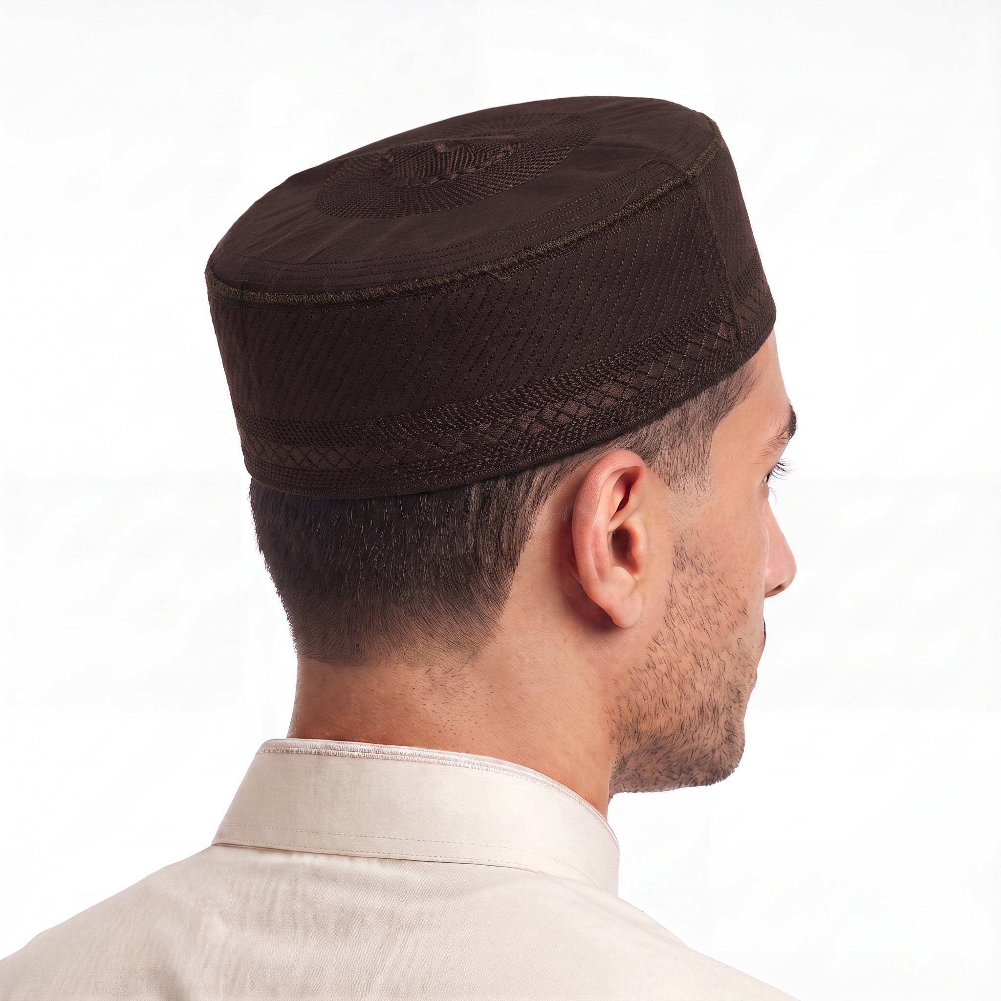 Embroidered Geometric Prayer Hat Dark Brown