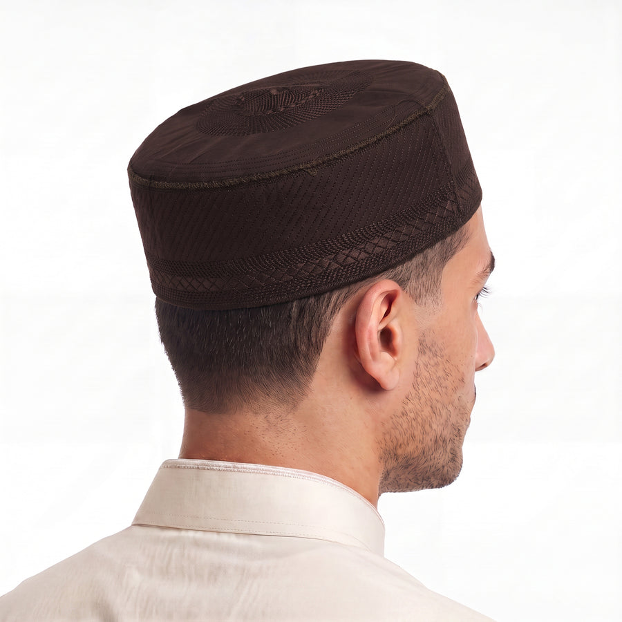 Embroidered Geometric Prayer Hat Dark Brown